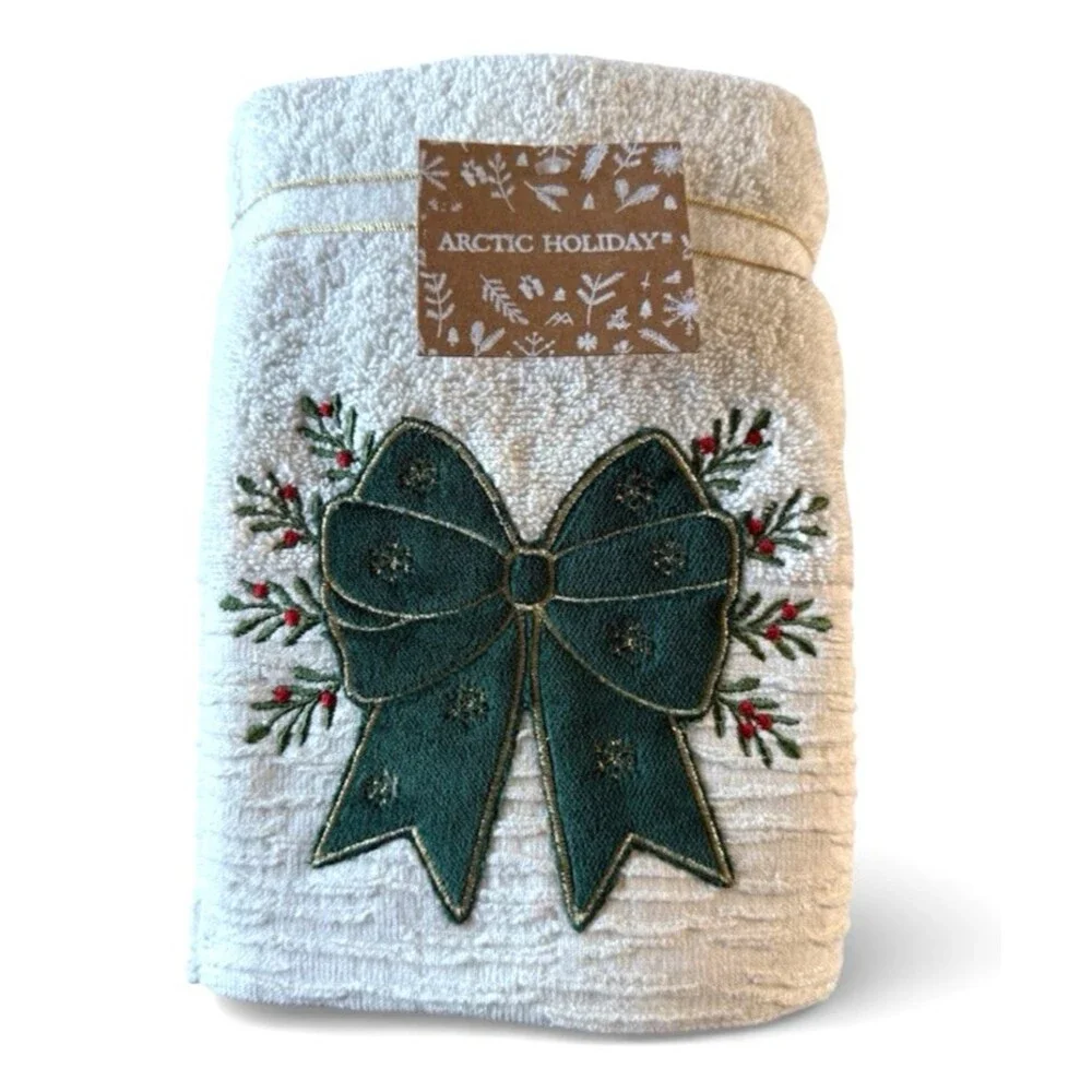 Arctic Holiday Christmas Hand Towels Velvet Green Bow Mistletoe 2 Pc Embroidered